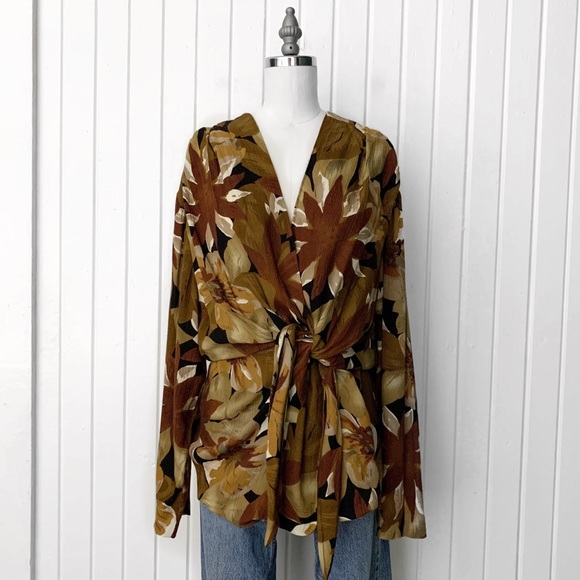 Vintage Tops - Vintage 90s Brown Floral Wrap Style Rayon Top